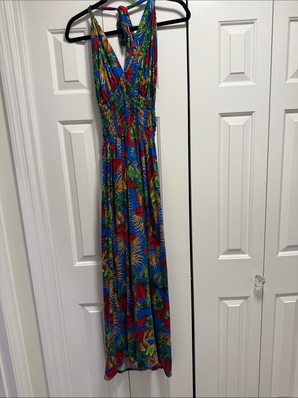 Tropical Print Blue Maxi Dress with Cross-Back Straps